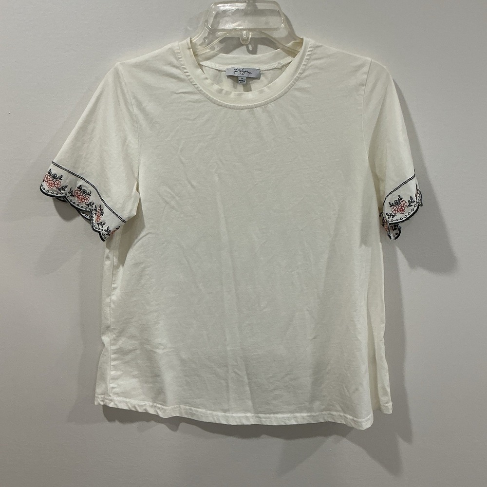 POLAGRAM Shirt Womens‎ Embroidered Scalloped Sleeve Top White M Boho Cottagecore